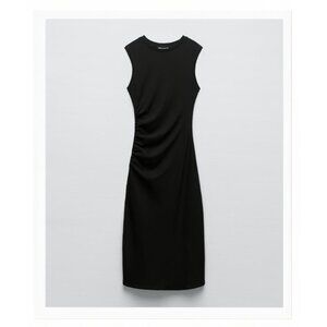 Zara Black Ribbed Ruched Side Detail Dress